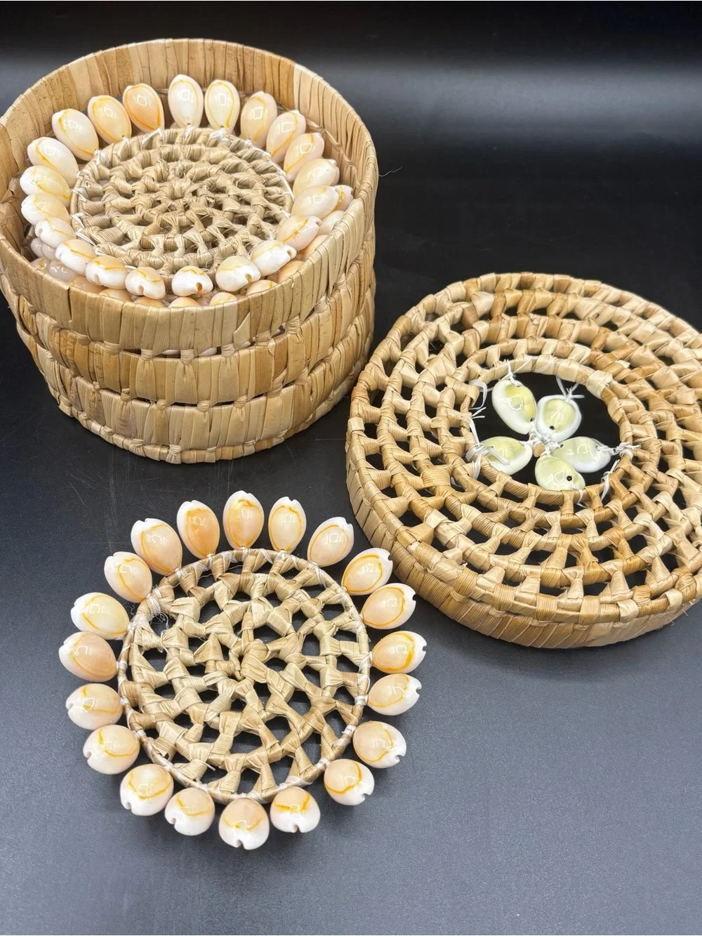 Vintage Coaster Set Hand Woven Straw Palm Basket and Six Cowrie Shell Coasters